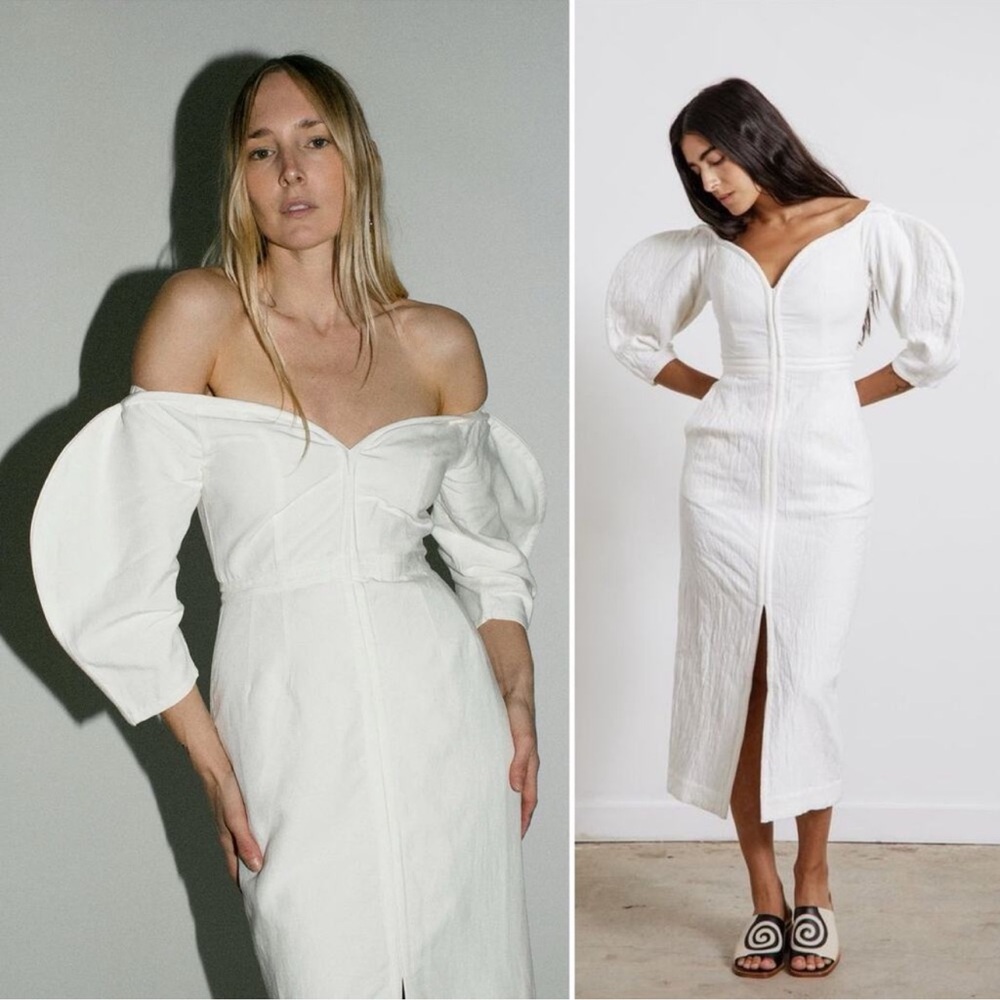 Mara Hoffman Leonara Off Shoulder Curved Sleeve Midi Dress in White NWT XS/0